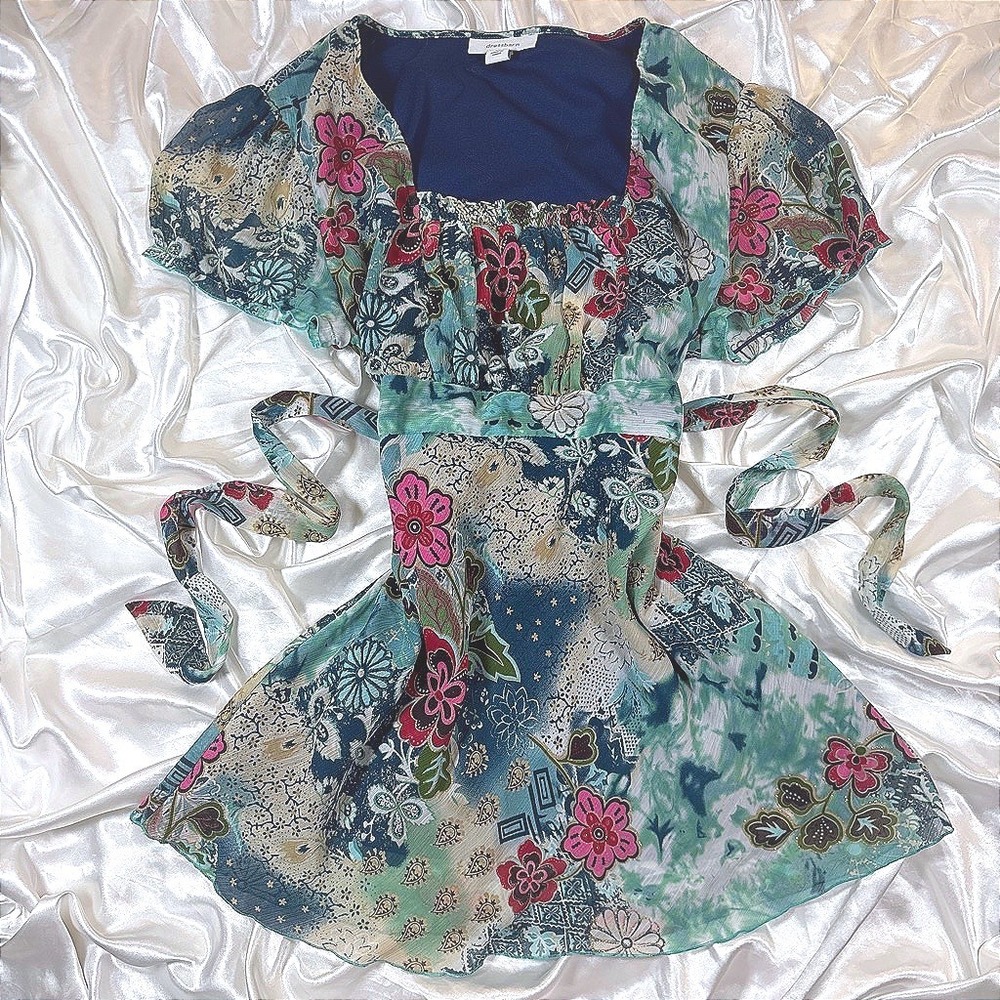y2k Blouse Teal Floral Excellent Dressbarn XL Metallic Flutter Sleeve Tie Waist